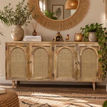 Acacia Wood and Rattan 180cm 4 Door Extra Large Sideboard
