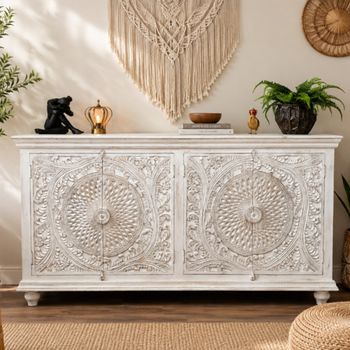 White Washed Carved Mango Wood 180cm 4 Door Large Sideboard