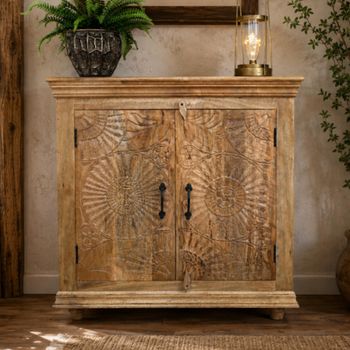 Carved Mango Wood 91cm 2 Door Small Sideboard