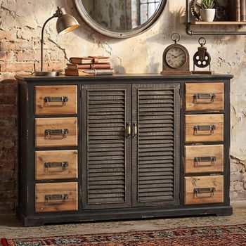 Industrial Shutter Natural and Black Fir Wood and Metal 120cm 2 Door Medium Sideboard