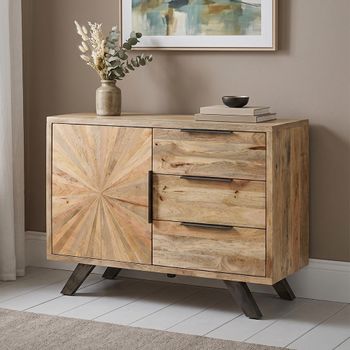 Kodi Natural Mango Wood 1 Door 3 Drawer 95cm Compact Sunburst Sideboard