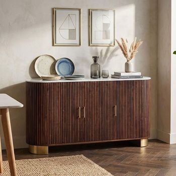 Vardia White Marble Top and Fluted Walnut Mango Wood 150cm 3 Door Medium Curved Sideboard