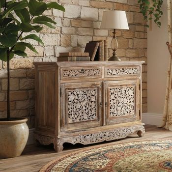 Aura Distressed White Washed Hand Carved Floral 100cm Storage Small Sideboard