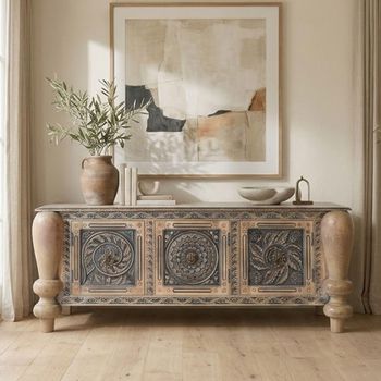 Milos Natural and Blue Teak Wood 198cm 3 Door Hand Carved Extra Large Sideboard