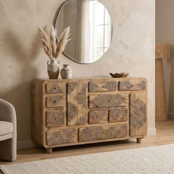 Mosaic Natural Handcrafted Mango Wood 148cm 2 Door Multi Drawer Medium Sideboard