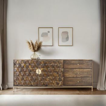 Caltan Walnut Mango Wood and Gold 190cm 2 Door Extra Large Geometric Sideboard