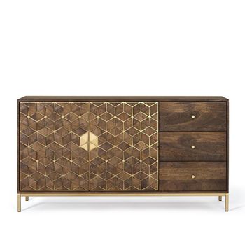 Caltan Walnut Mango Wood and Gold 145cm 2 Door Medium Geometric Sideboard