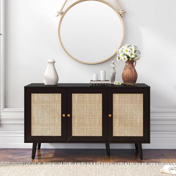 Clearance - Ferrero Black and Woven Rattan 120cm 3 Door Medium Sideboard