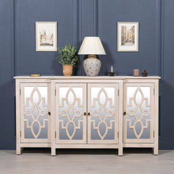 Cream Mirrored 4 Door Large Breakfront Sideboard