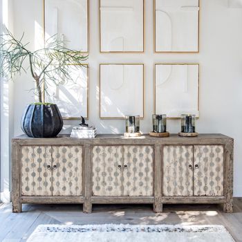 Unique One of a Kind - Distressed Patterned Grey Lacquered Pine 227cm 6 Door Extra Large Sideboard