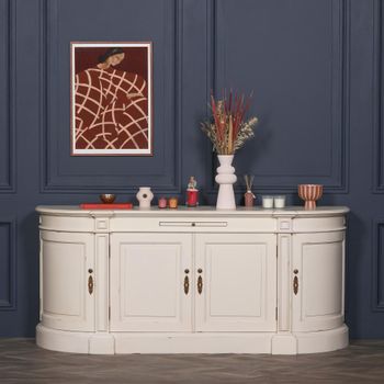 French Style Ivory Mahogany 4 Door Extra Large Curved Sideboard