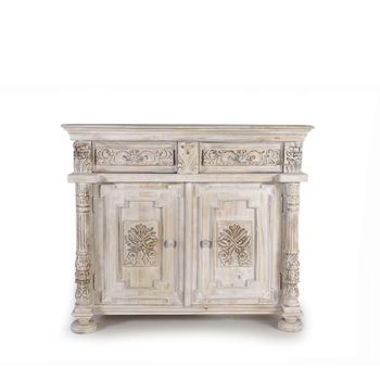 Greth Distressed White Carved Mango Wood 120cm 2 Door Small Sideboard