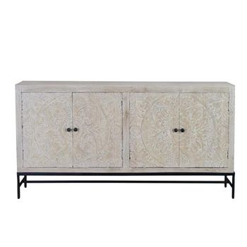 Hothova Distressed White Carved Mango Wood 170cm 4 Door Large Sideboard