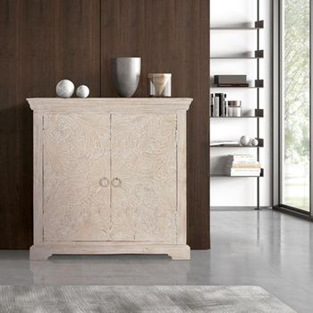 Isqari White Washed Carved Mango Wood 90cm 2 Door Small Sideboard