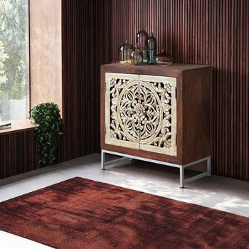 Jush Carved Dark Mango Wood 80cm 2 Door Small Sideboard