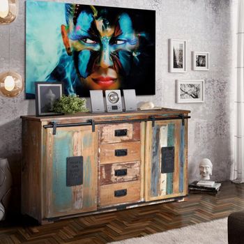 Leniasi Solid Recycled Wood 150cm 2 Sliding Door 2 Door 4 Drawer Medium Sideboard