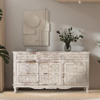 Linzarates Distressed White Mango Wood 175cm 3 Door Large Sideboard