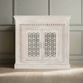 Lomax White Carved Mango Wood 110cm 2 Door Small Sideboard