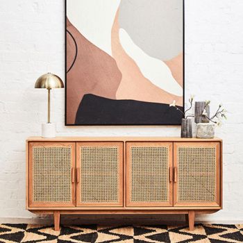 Lyon Oak Wood and Rattan 160cm 4 Door Large Sideboard