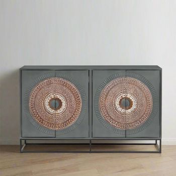Lytton Grey Carved Mango Wood 150cm 4 Door Medium Sideboard