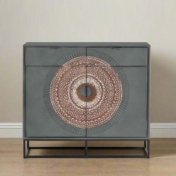 Lytton Grey Carved Mango Wood 100cm 2 Door Small Sideboard