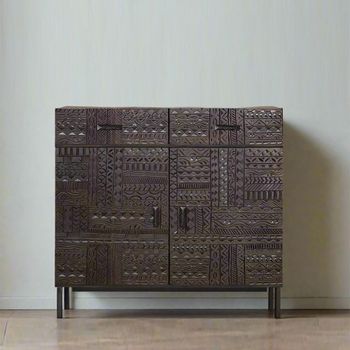 Macedonia Carved Dark Mango Wood 100cm 2 Door Small Sideboard