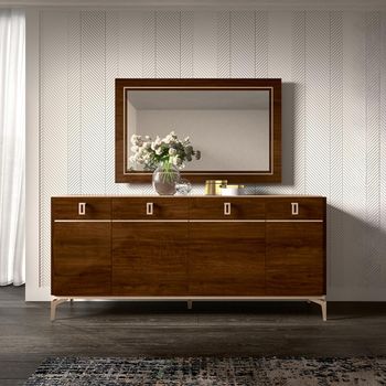 Modern Eva Walnut 4 Door Large Buffet Sideboard with Gold Trim