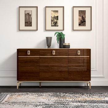 Modern Eva Walnut 3 Door Medium Buffet Sideboard with Gold Trim