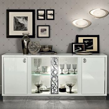 Roma Italian Glamour White Glass Door Buffet Sideboard