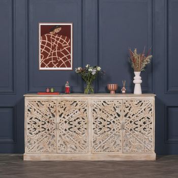Ornate Mango Wood Carved 190cm 4 Door Large Sideboard
