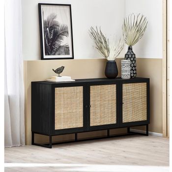 Padstow Black and Rattan 160cm 3 Door Large Sideboard