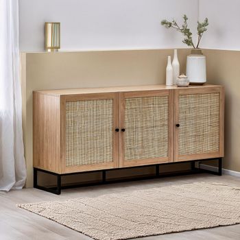 Padstow Oak and Rattan 160cm 3 Door Large Sideboard