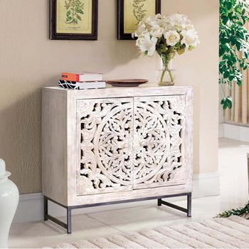 Quintana Washed Carved Mango Wood 80cm 2 Door Small Sideboard