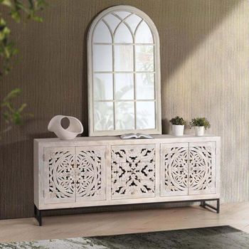 Quintana Washed Carved Mango Wood 190cm 4 Door Extra Large Sideboard