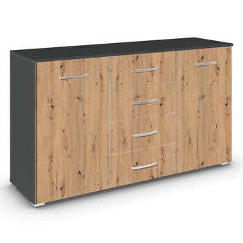 Aditio Metallic Dark Grey and Artisan Oak 120cm 2 Door 4 Drawer Medium Sideboard