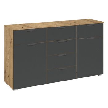 Aditio Artisan Oak and Metallic Dark Grey 120cm 2 Door 6 Drawer Medium Sideboard