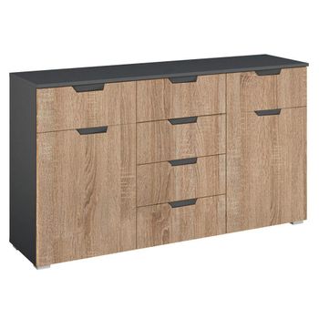 Aditio Metallic Dark Grey and Sonoma Oak 120cm 2 Door 6 Drawer Medium Sideboard