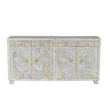 Ravanik Carved White Mango Wood 180cm 4 Door Extra Large Sideboard