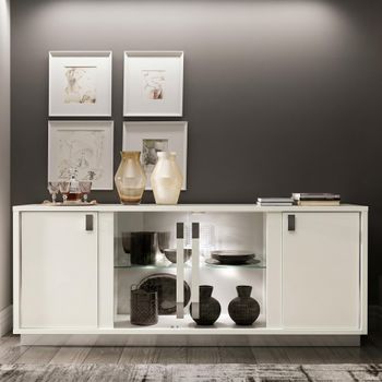 Roma Italian Slim White Glass Door Buffet Sideboard