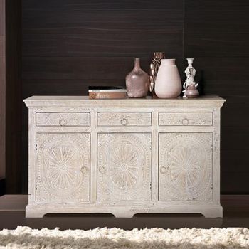 Rrethi Distressed White Carved Mango Wood 150cm 3 Door Medium Sideboard
