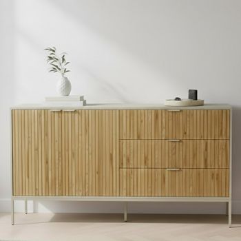 Seaford Oak Fluted and Grey Metal 160cm 2 Door Large Sideboard