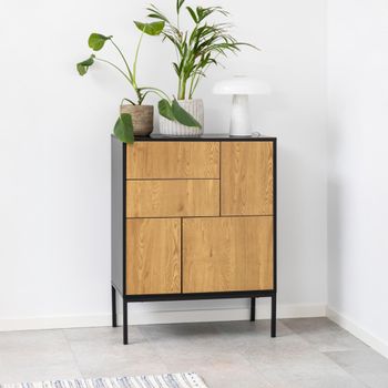 Seaford Oak and Black Metal 80cm 3 Door Small Sideboard