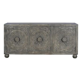 Spanish Grey Carved Mango Wood 172cm 3 Door Large Sideboard