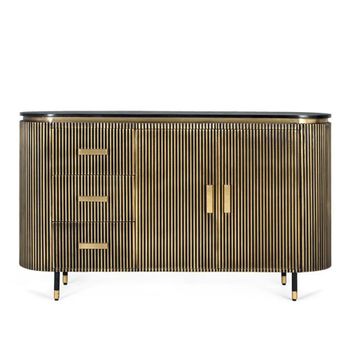 Stephen Black Marble Top Ribbed Brass 2 Door Medium Curved Sideboard