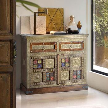 Trona Acacia Wood Brass Cladded 105cm 2 Door Small Sideboard