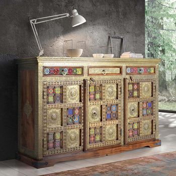 Trona Acacia Wood Brass Cladded 150cm 3 Door Medium Sideboard
