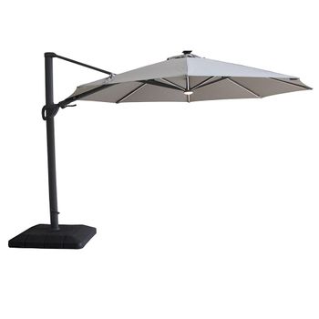 Aramis LED White Pepper Beige Round Outdoor Cantilever Parasol with Base - 3.5m