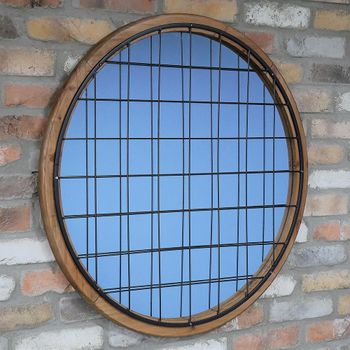 Fir Wood and Metal Grid Round Wall Mirror