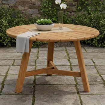Hawthorne Outdoor Round Slatted Natural Teak Wood Dining Table