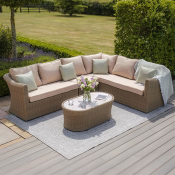 Winchester Natural Rattan Large Corner Garden Sofa Set with Ceramic Top Coffee Table